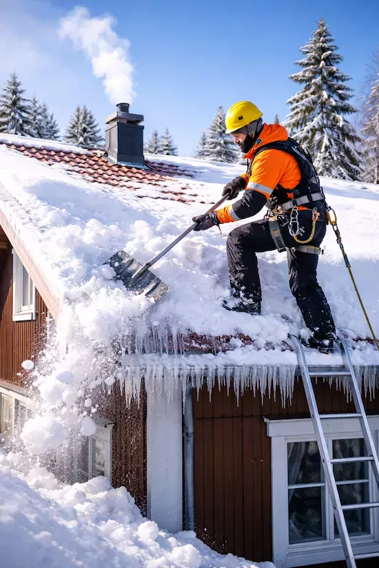 Takskottning vintertid med snö och is på tak – arbetare i säkerhetssele skottar snö från tegeltak med istappar i vintrig landsbygdsmiljö.